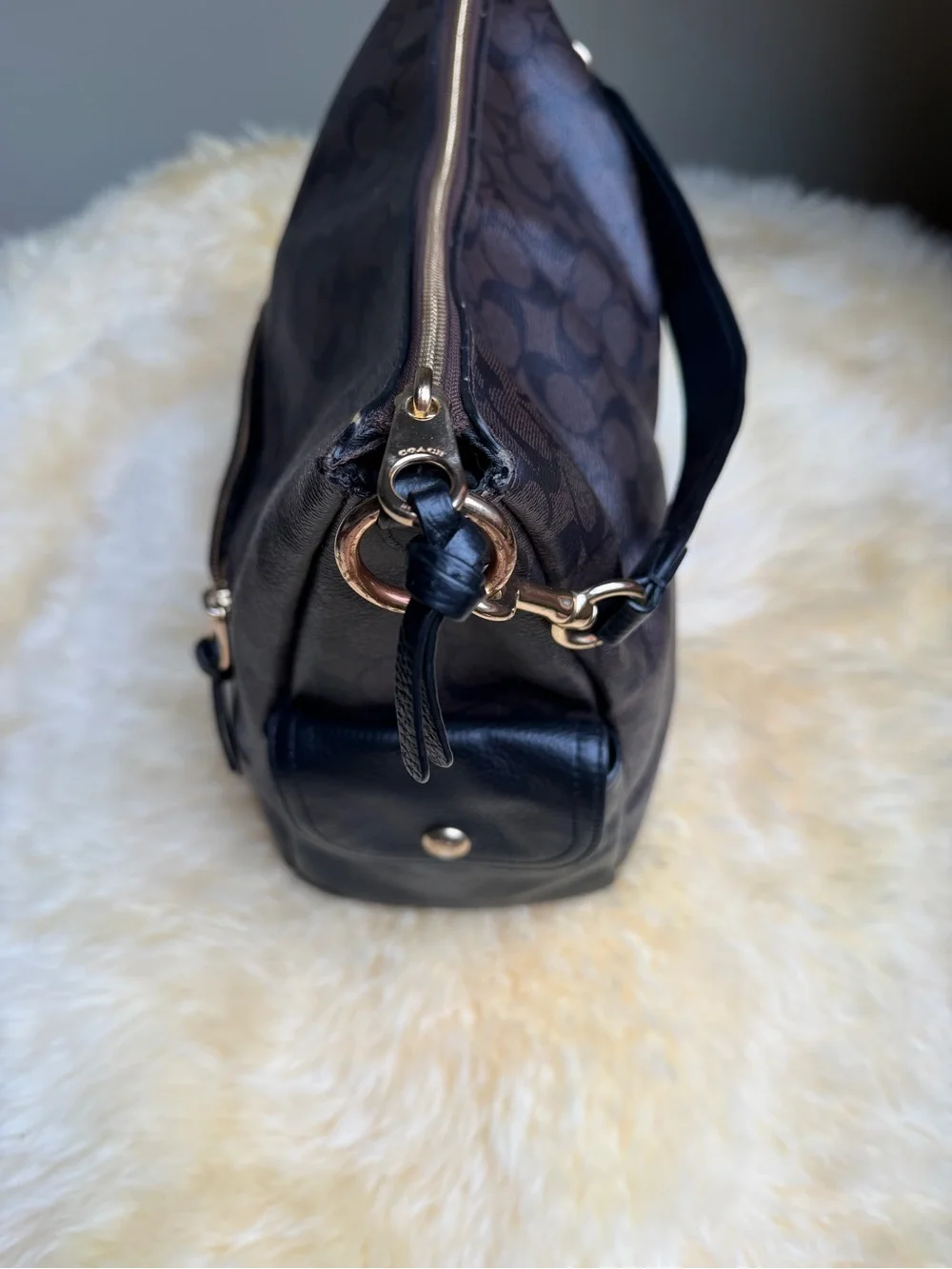 Coach Pennie Brown Signature Leather Hobo Shoulder Bag Gold Hardware Black Trim